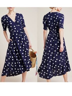 Maeve Anthropologie Polka Dot Wrap Midi Dress Navy White Ruffle Detail Size 6P